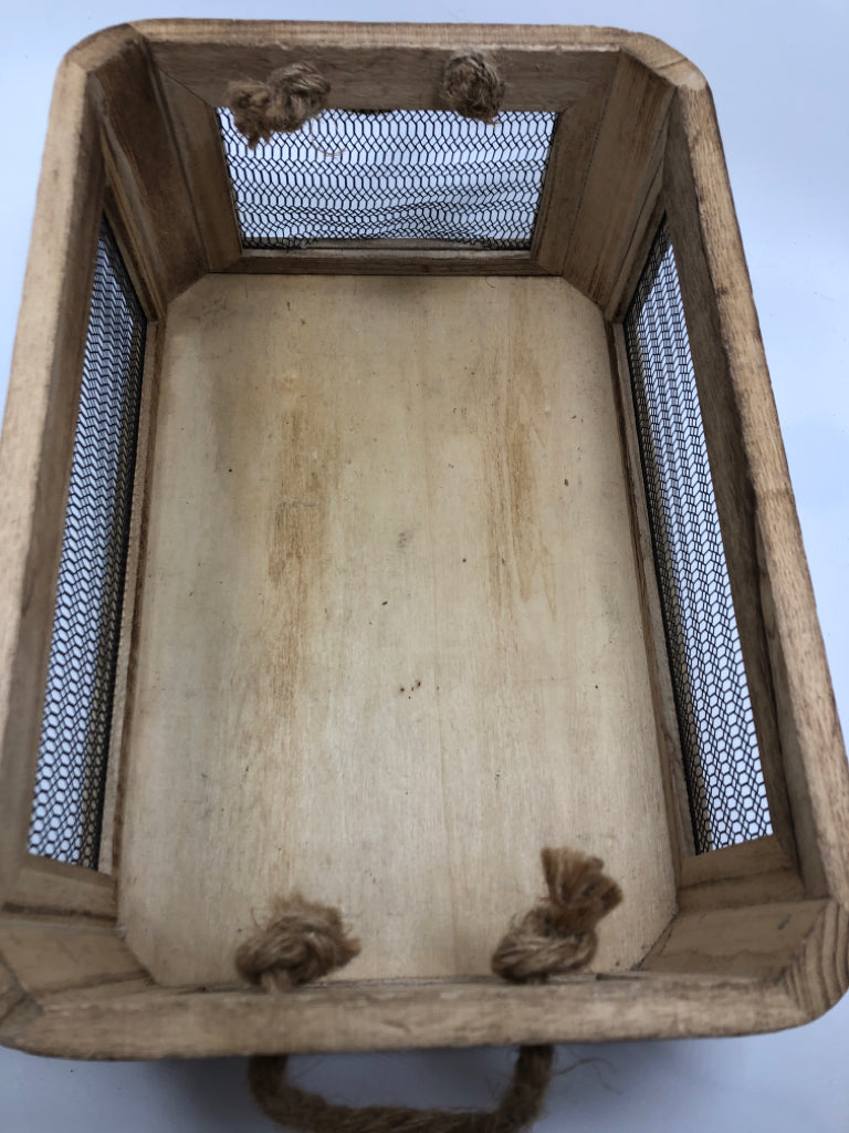 WOOD CRATE W/WIRE SIDES AND BURLAP HANDLES.