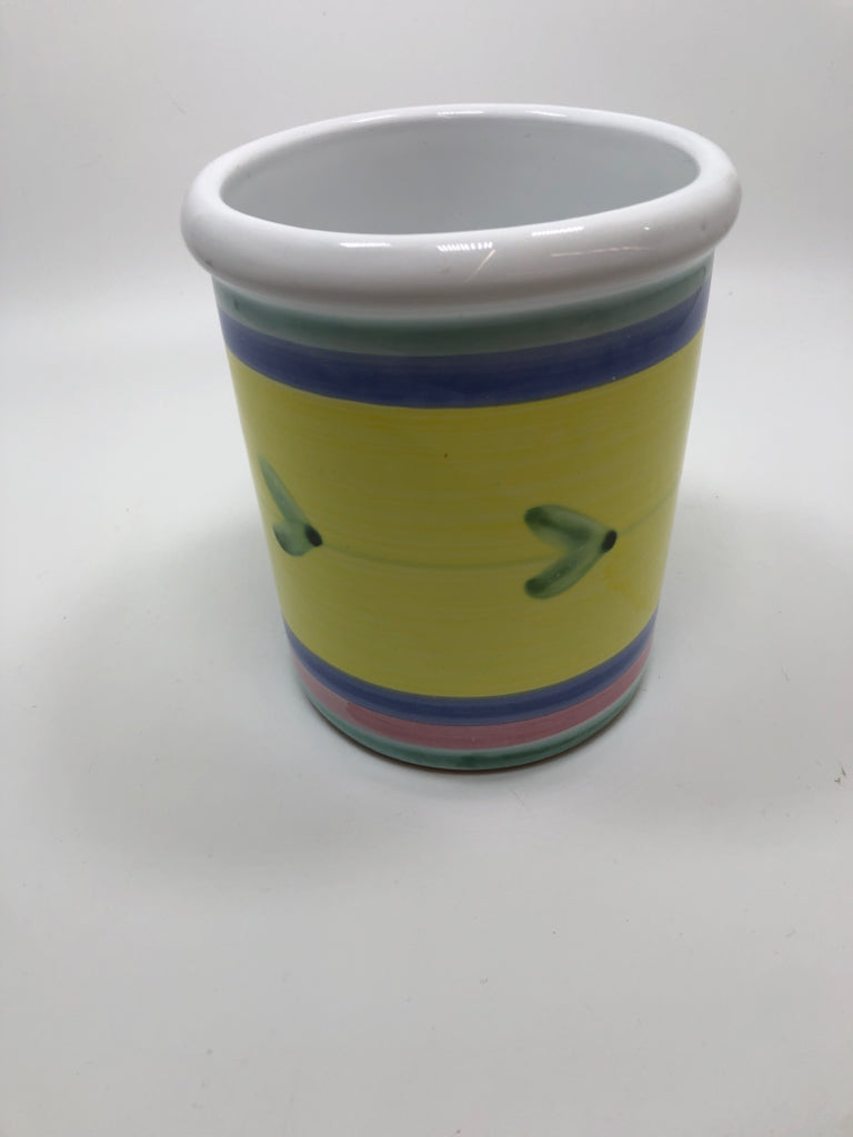CALECA YELLOW POTTERY UTENSIL CROCK.