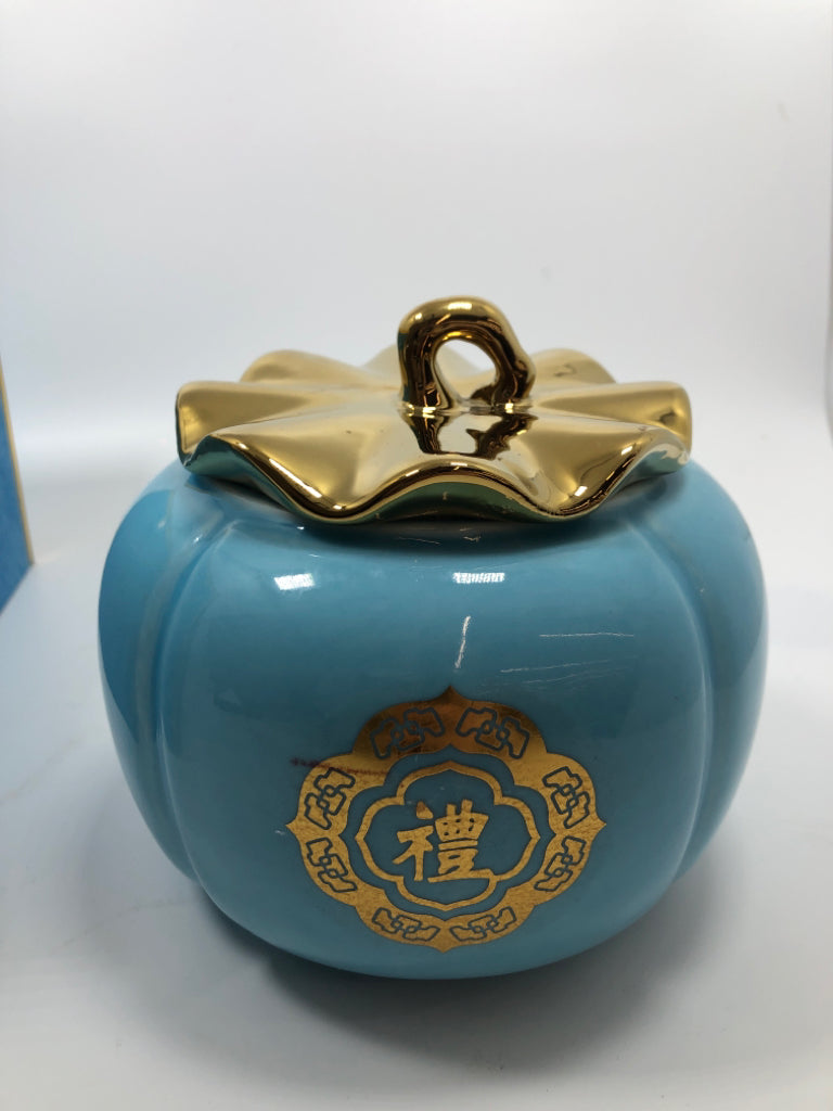 ELEGANT ASIAN-STYLE CANISTER IN BLUE BOX.