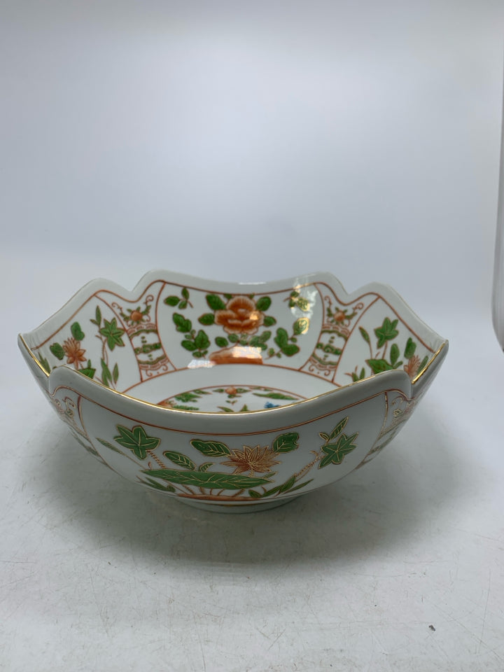 GREEN LEAVES ORANGE FLOWERS CRANE MOTIFS W/ GOLD TRIM.