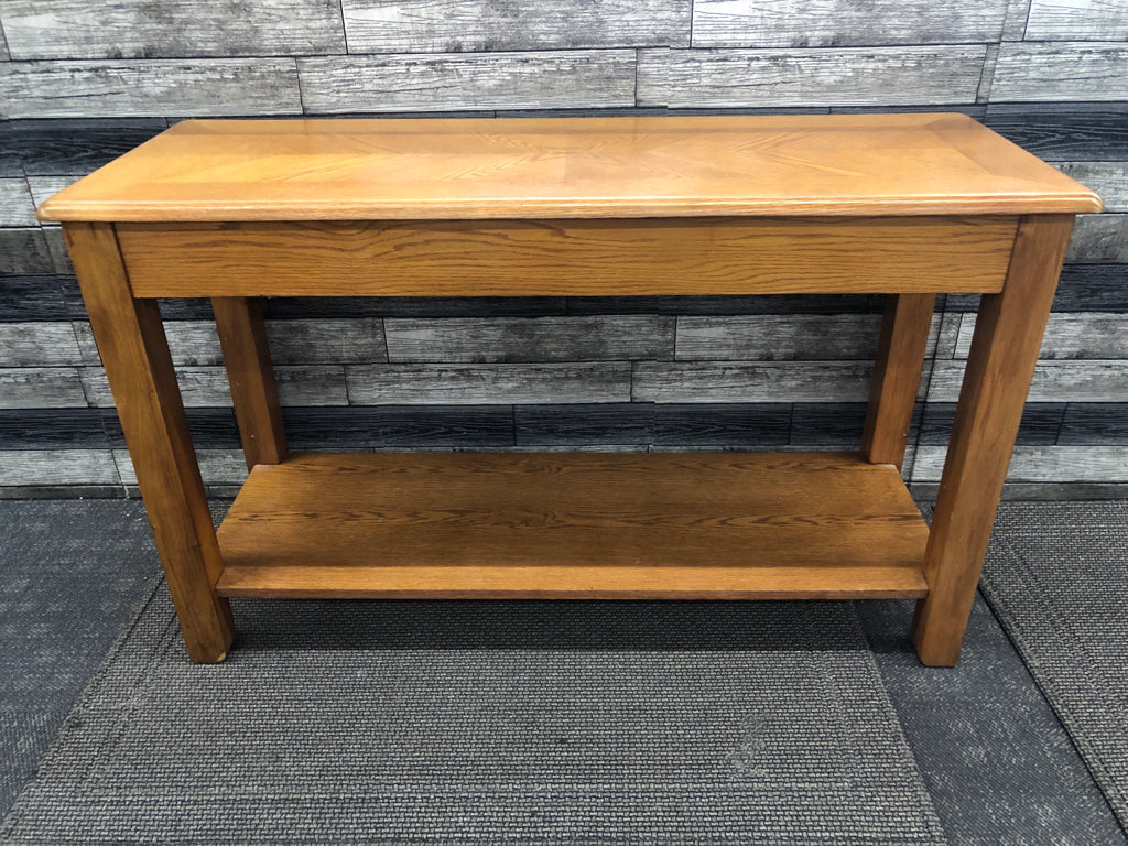 OAK WOOD CONSOLE TABLE W BOTTOM SHELF AND 1 DRAWER.