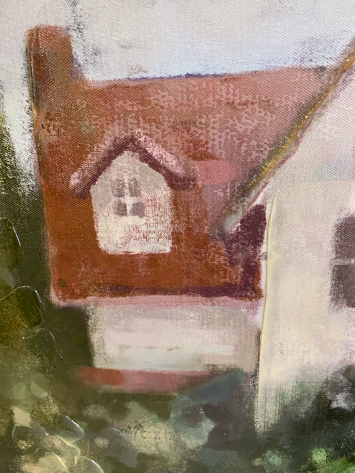WHITE HOUSE/GARAGE W/ RED ROOF W/ TREES CANVAS.