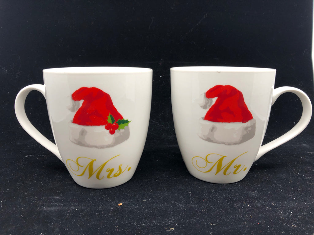 2 MR AND MRS SANTA HAT MUGS.