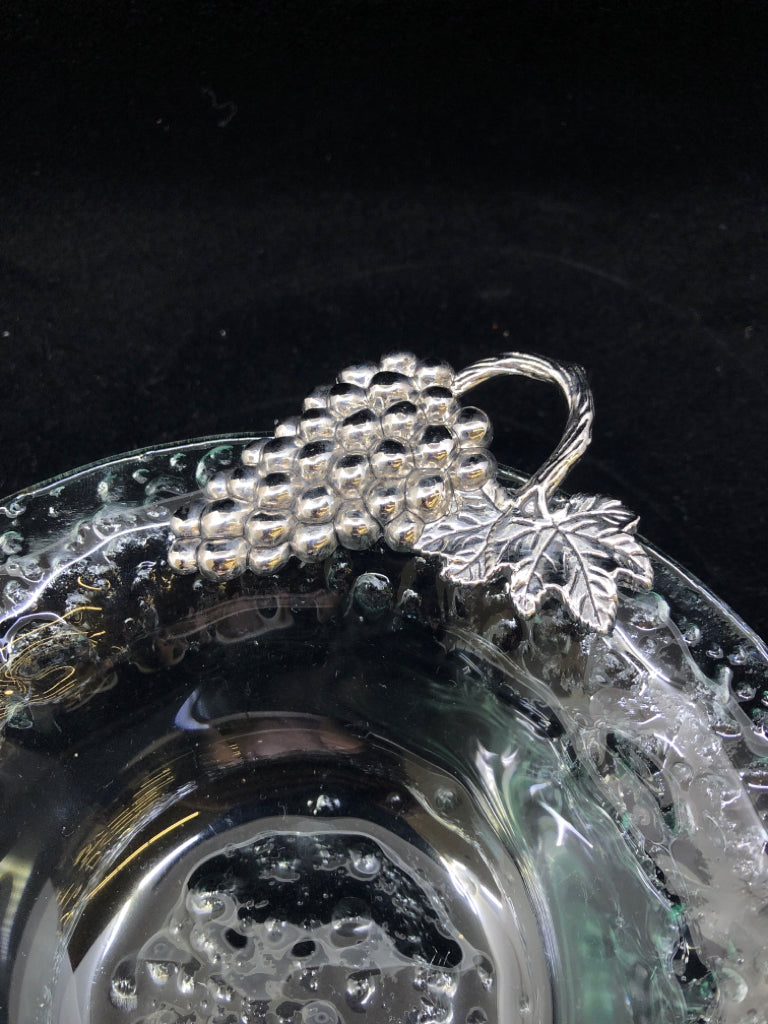 BLOWN GLASS BOWL W/SILVER GRAPES DETAIL.