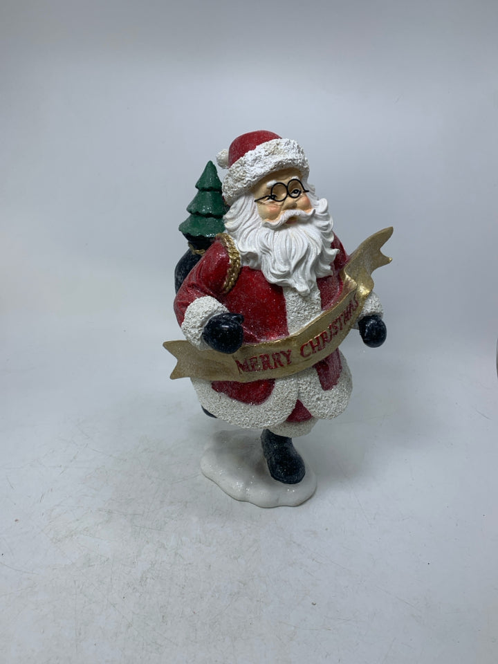 SPARKLE RESIN RUNNING SANTA W/ GOLD MERRY CHRISTMAS BANNER.
