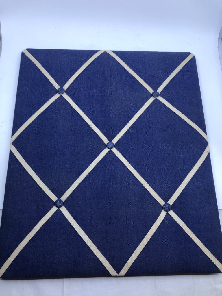 BLUE AND WHITE FABRIC CORK BOARD WALL ART.