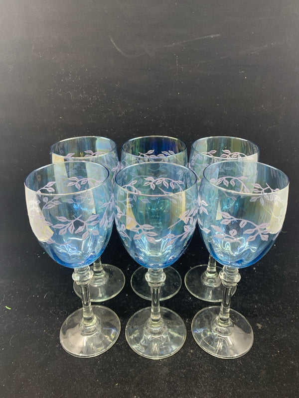 6 IRIDESCENT BLUE WINE GLASSES W/ ETCHED LEAVES.