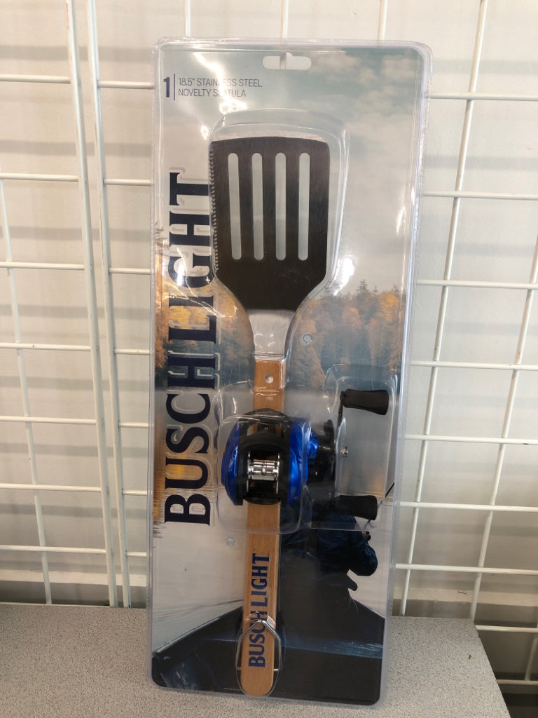 NIB BUSCH LIGHT FISHING REEL NOVELTY SPATULA STAINLASS STEEL.