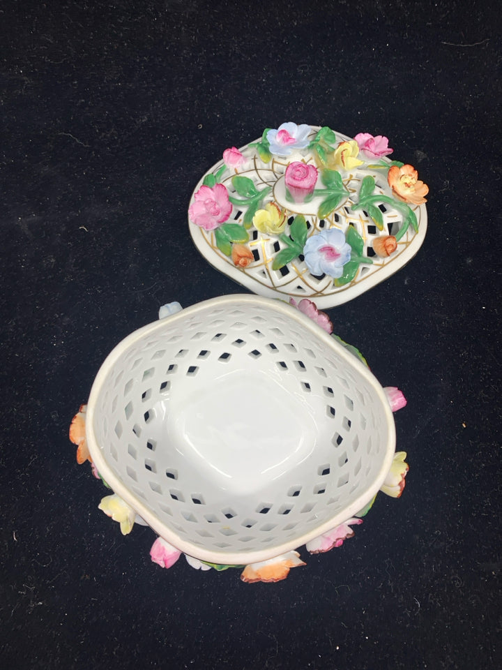 WHITE PIERCED W COLORFUL FLORAL COVERED TRINKET DISH W LID.