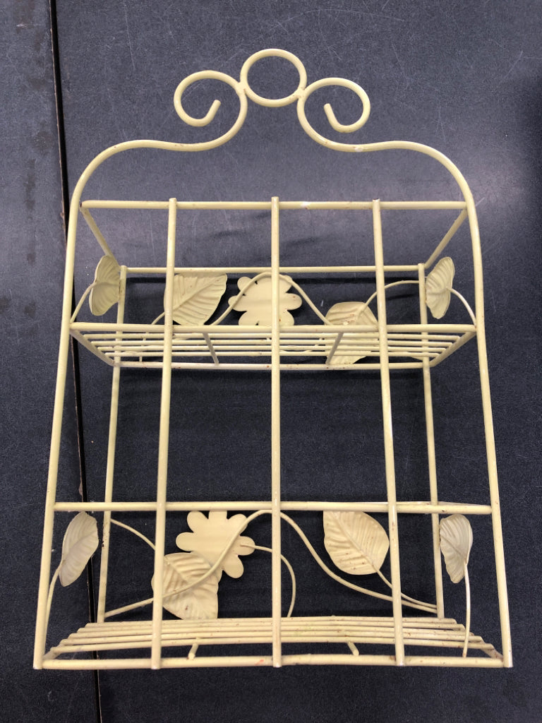 LIGHT GREEN WIRE ORGANIZER SHELF HANGING W/WELDED LEAVES & FLOWER.