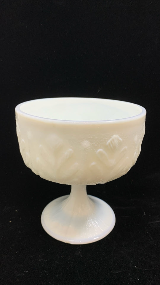 VTG MILK GLASS FOOTED CANDY DISH W/EMBOSSED LEAVES.