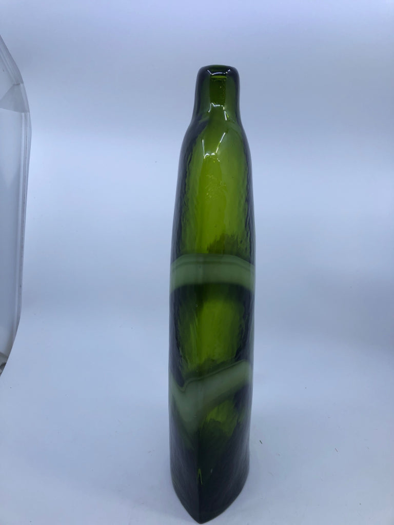 HEAVY OVAL BLOWN GLASS DARK GREEN W/ WHITE LINES.