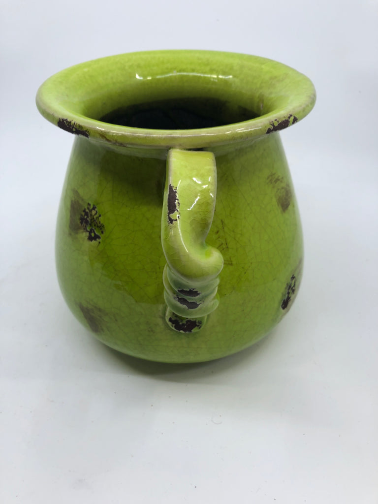 DISTRESSED LIME GREEN CERAMIC PLANTER CRACKLE DESIGN BRAIDED HANDLES.