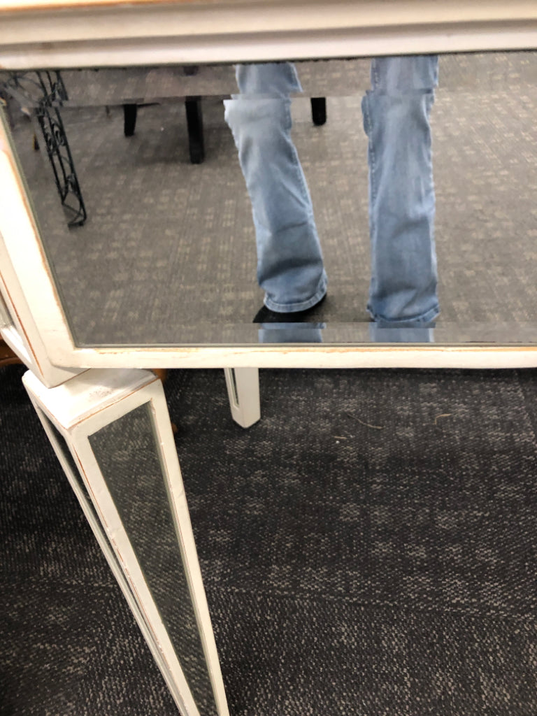 CREAM DISTRESSED PIER 1 DESK W/MIRRORED LEGS & DRAWER.