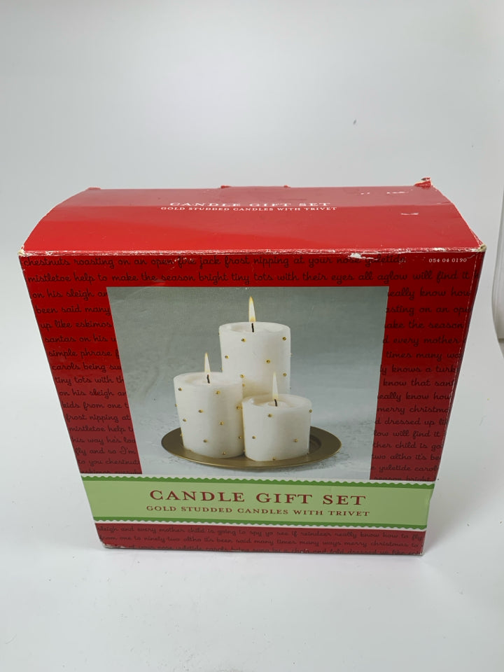 NIB 4PC GOLD STUDDED CANDELS W/ TRIVET.