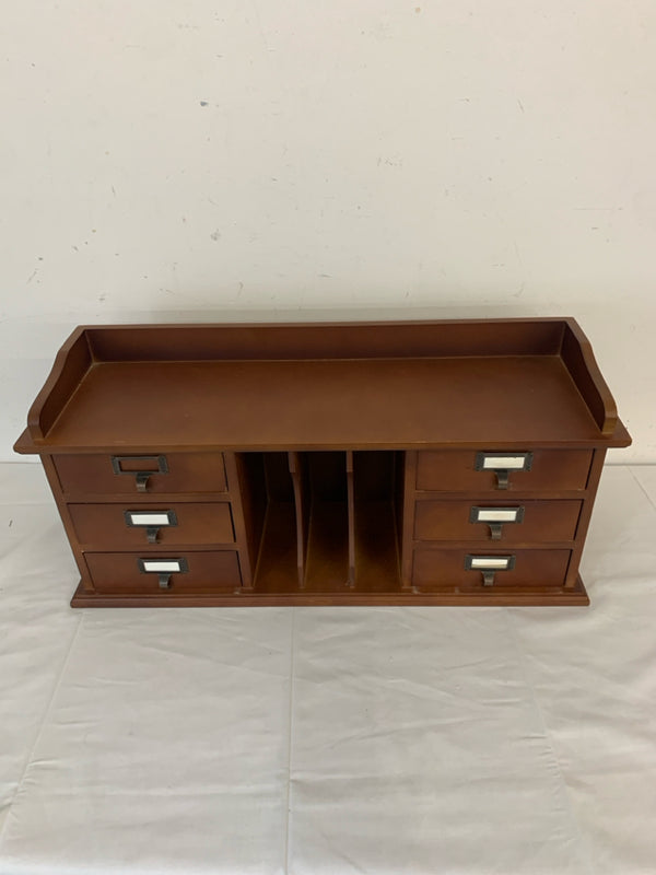 WOODEN DESK ORGANIZER WITH DRAWERS.