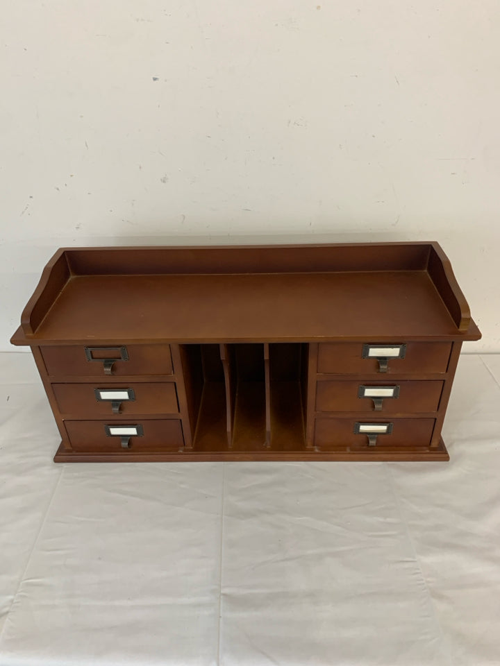 WOODEN DESK ORGANIZER WITH DRAWERS.