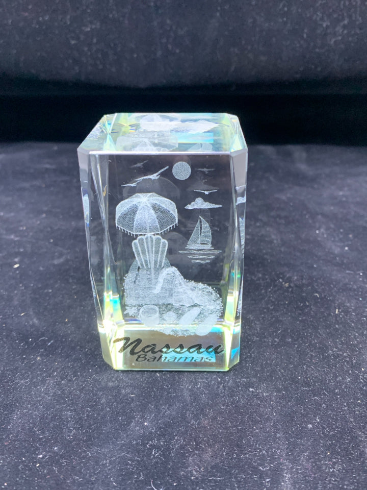 BLUE TINT CLEAR GLASS NASSAU PAPERWEIGHT 3" X 2" X 2"