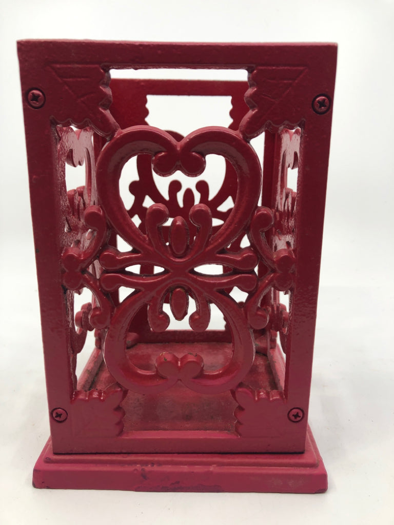 HEAVY IRON RED PAINTED SQUARE CANDLE HOLDER SCROLL DESIGN.