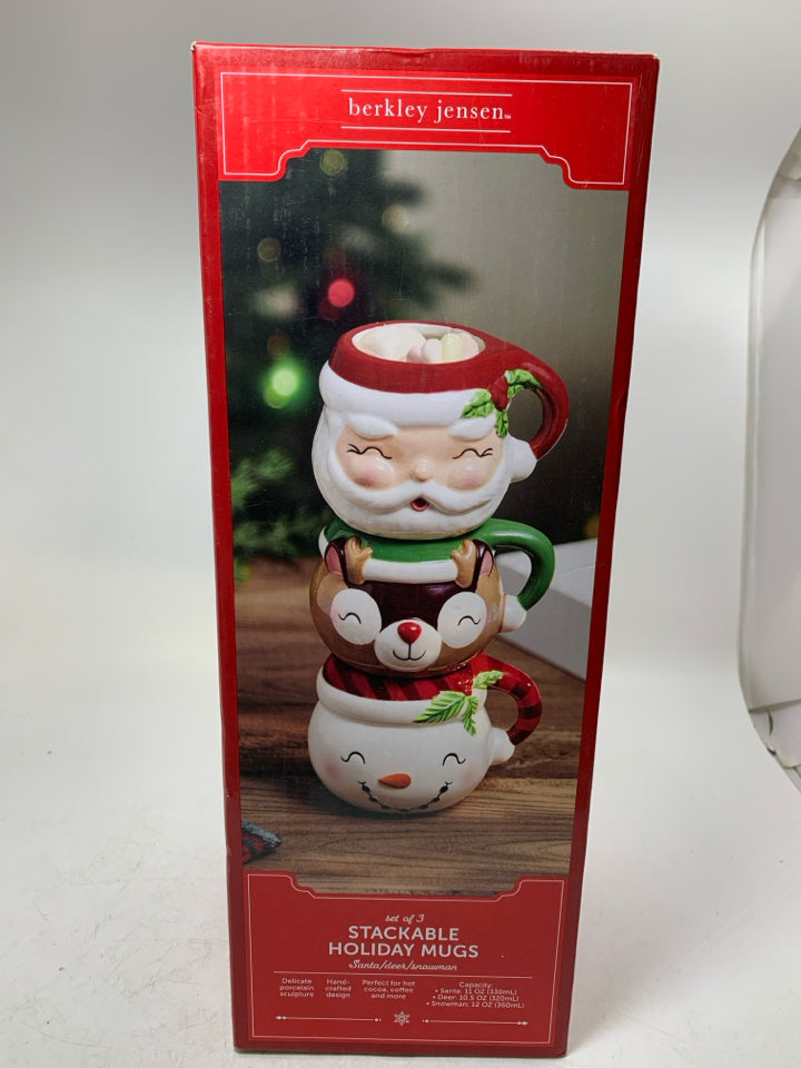 IN BOX 3 STACKING SANTA SNOWMAN & REINDEER MUGS.