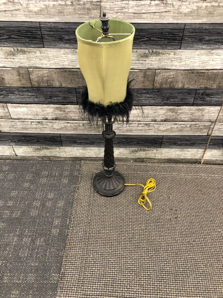 BROWN METAL LAMP W/GREEN SHADE- BLACK FEATHERS.
