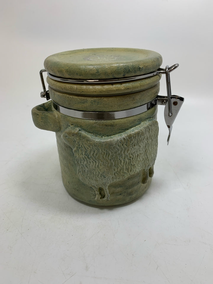PALE GREEN EMBOSSED SHEEP CANISTER.