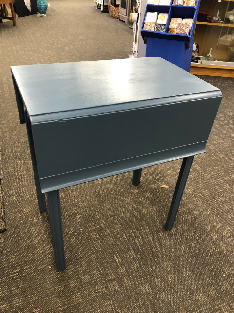 PAINTED BLUE TABLE W/FOLD-UP SIDES & DRAWER.