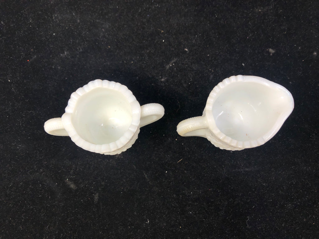 VTG SAWTOOTH EDGE MINI MILK GLASS SUGAR AND CREAMER.