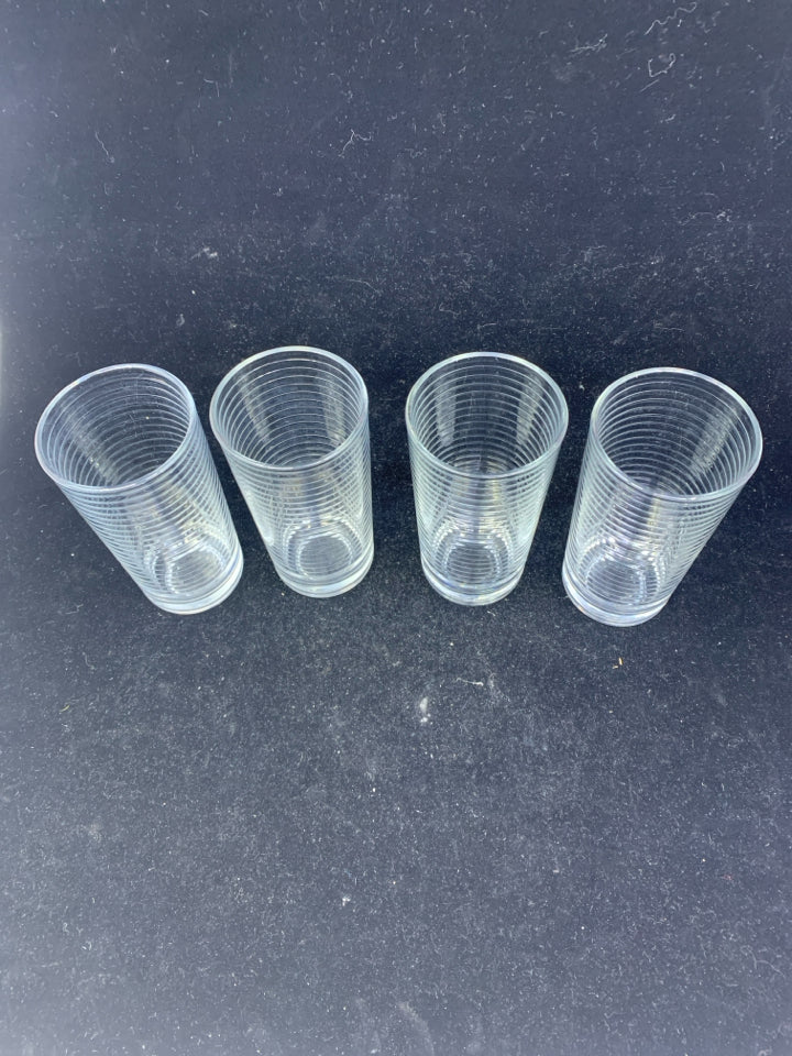 4 RIBBED WATER GLASSES-STAMPED BOTTOM.