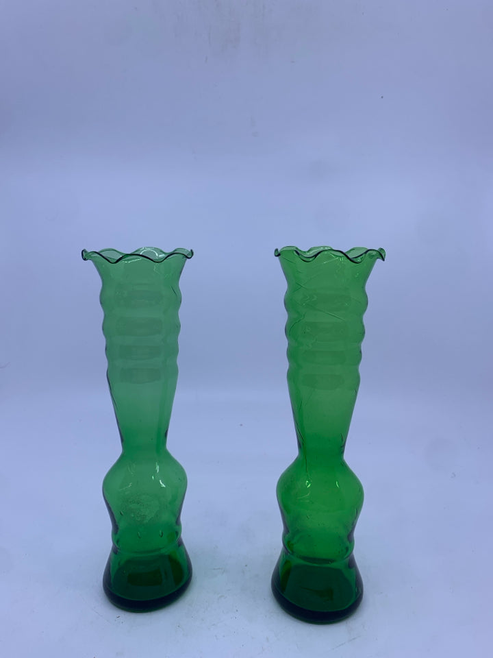 2 VTG GREEN GLASS VASES SKINNY W/ RUFFLED EDGE.