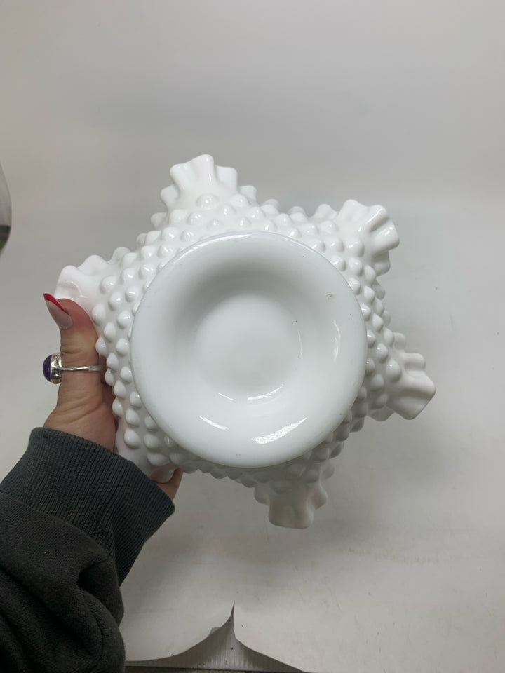 FOOTED MILK GLASS HOBNAIL W/ RUFFLED EDGE TAPERED CANDLE HOLDER.
