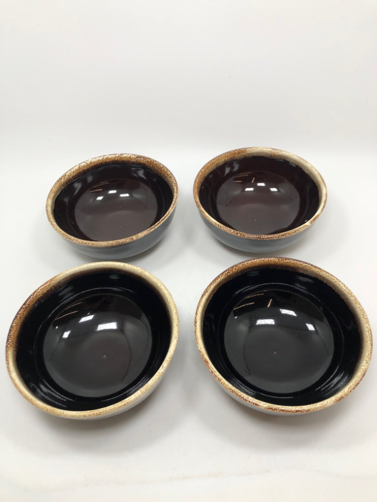 4 VTG BROWN DRIP GLAZE BOWLS.