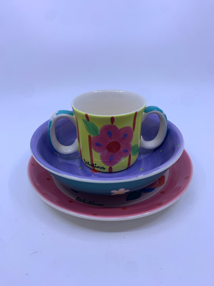 3 PC PINK PURPLE KIDS PLATE SET - CUP PLATE, BOWL.