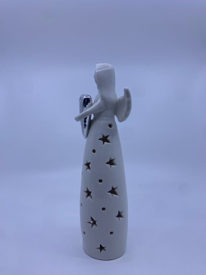 WHITE CERAMIC LIGHT UP ANGEL HOLDING SILVER HEART.