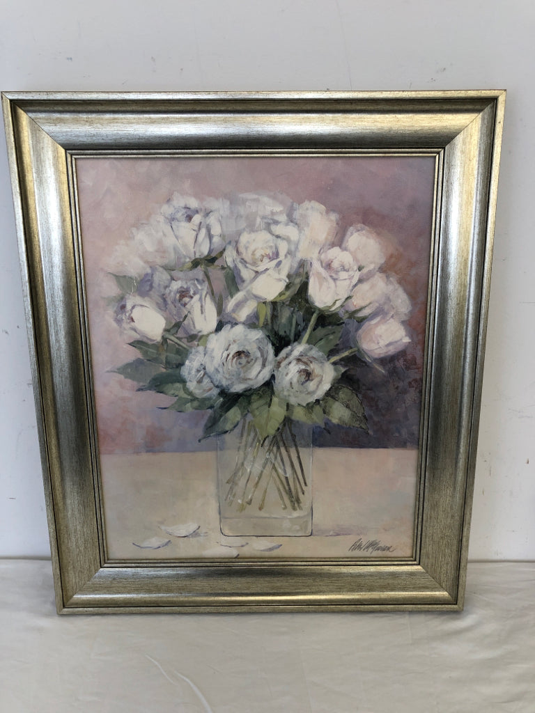 WHITE ROSES FLOWERS IN VASE WITH GOLD FRAME.