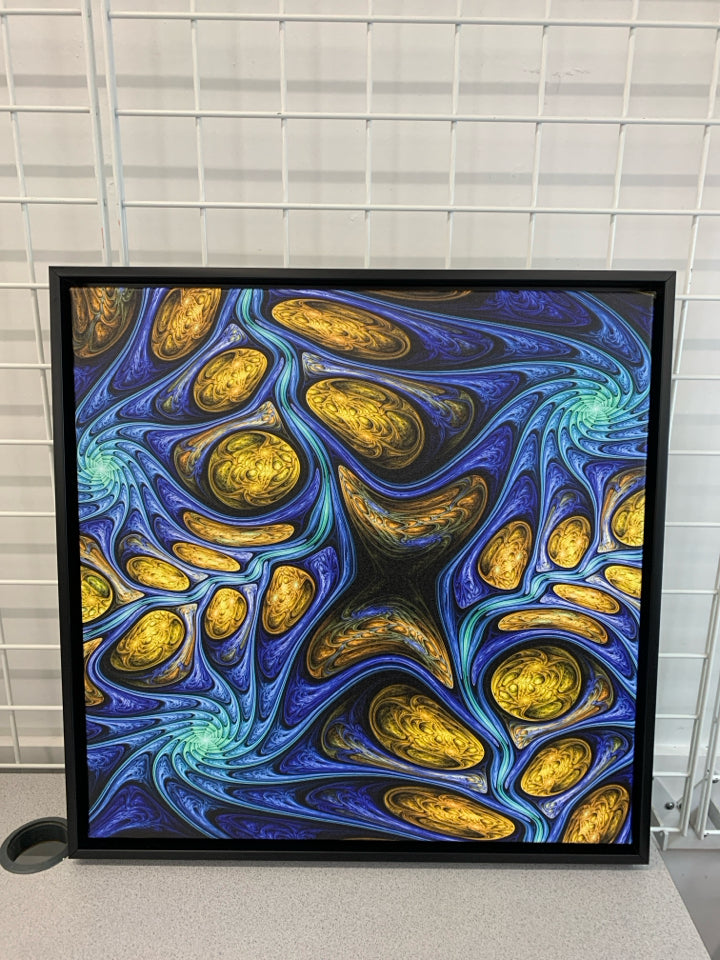 BLUE SWIRL ABSTRACT CANVAS IN BLACK FRAME.