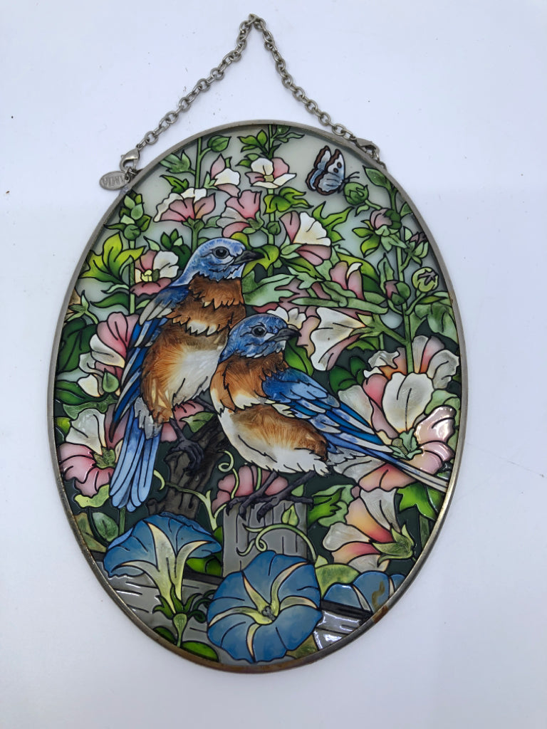 OVAL PAINTED BLUE BIRDS ON GLASS WALL ART.