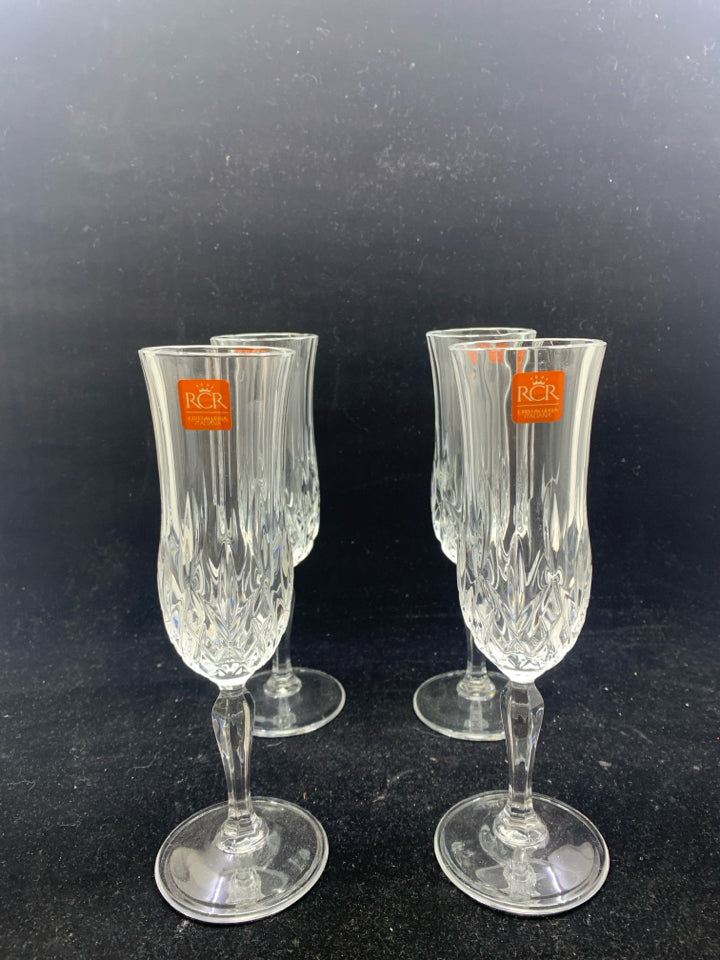 4 RCR CRYSTAL CHAMPAGNE FLUTES.