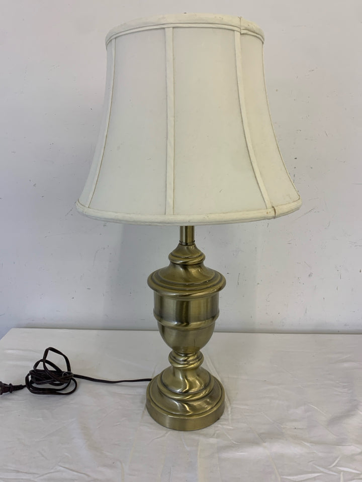 BRASS LAMP BASE W/WHITE SHADE.