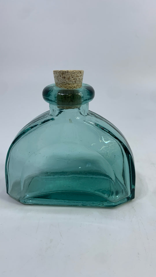 TEAL GLASS CRESCENT BOTTLE W/CORK.