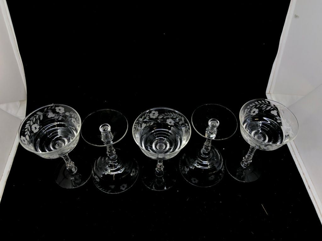 5 VTG ETCHED GLASS COUPE GLASSES.