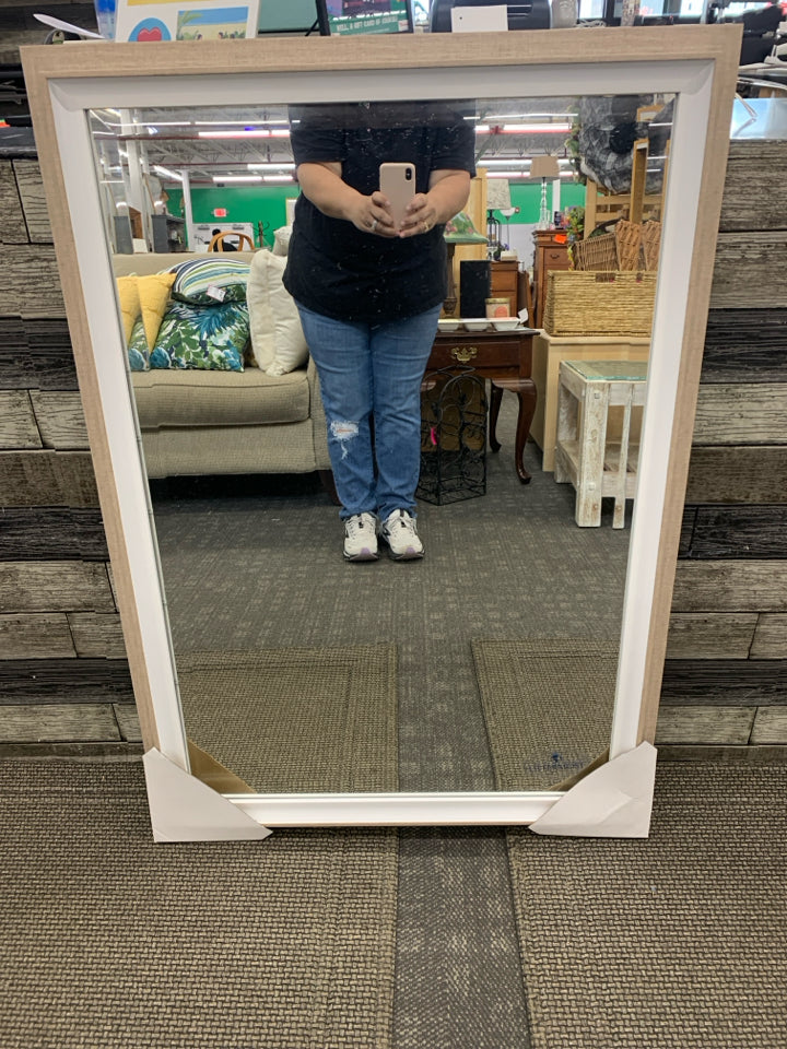 GREY AND WHITE FRAMED MIRROR.