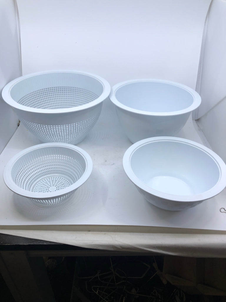 WHITE PLASTIC NESTING PAMPERED CHEF MIXING BOWLS/STRAINER.