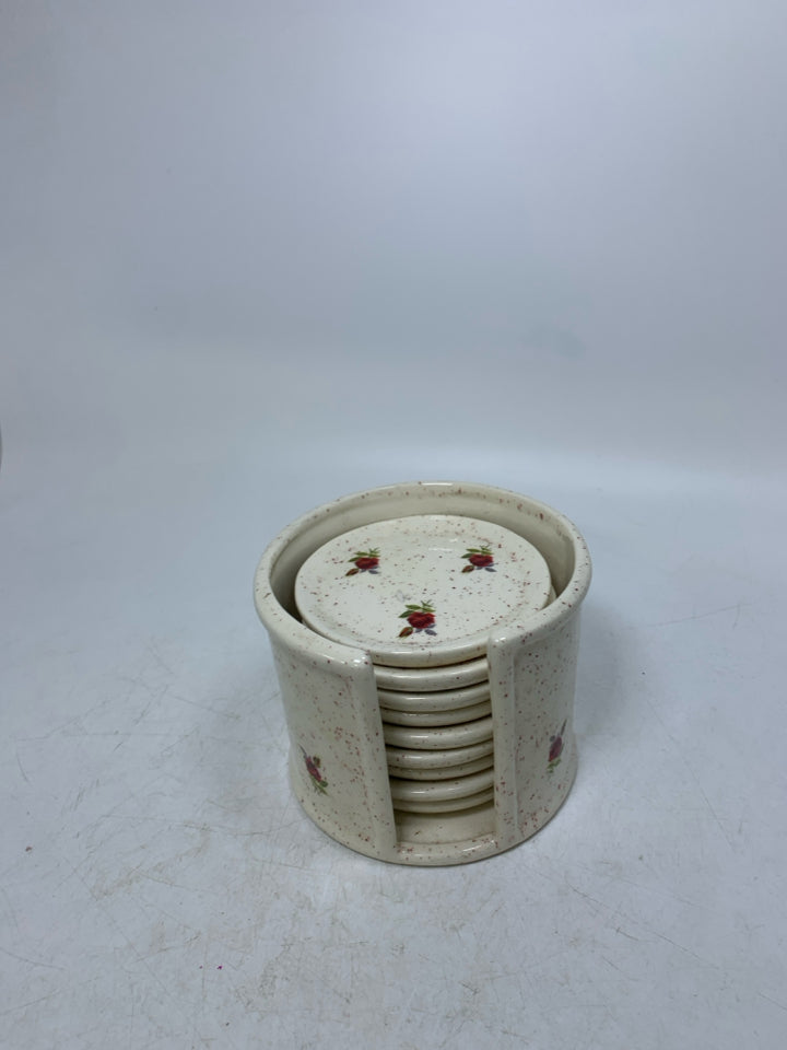 VTG 10 PC RED SPECKLED COASTER SET W/ ROSES 9 COASTERS & STAND.