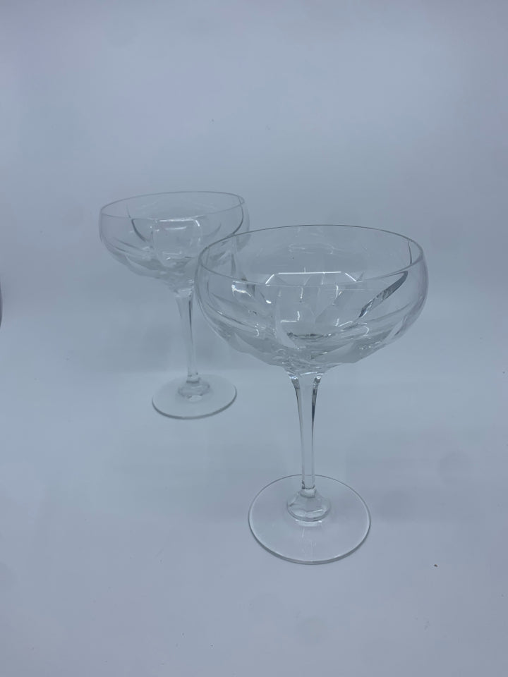 2 CUT GLASS FROSTED COUPE WINE GLASSES.