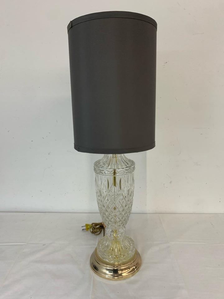 CRYSTAL BASE LAMP W GREY SHADE.