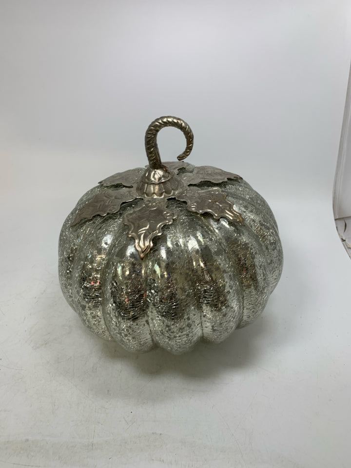HEAVY SILVER MERCURY GLASS PUMPKIN W/ METAL STEM.