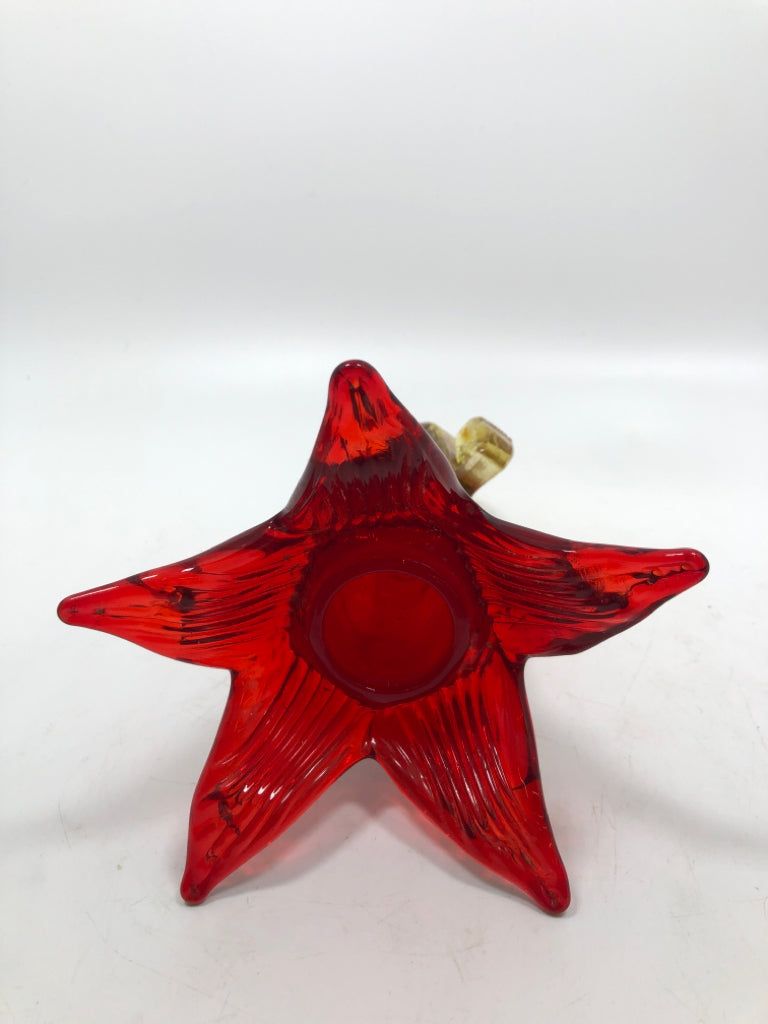 RED GLASS HANGING FLOWER VASE.