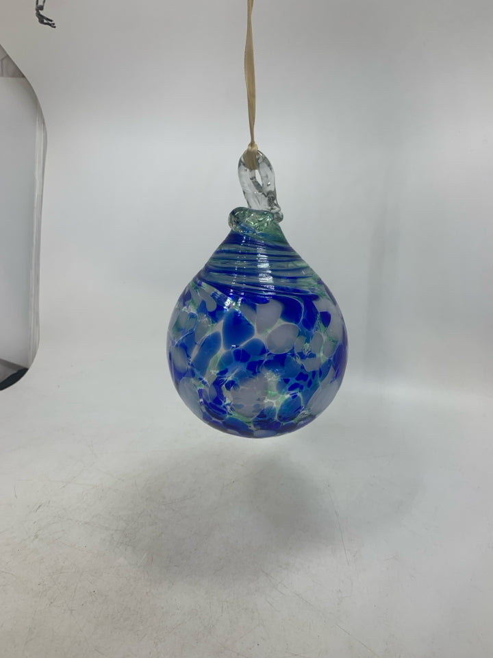 GREEN BLUE WHITE BLOWN GLASS HANGING TEAR DROP ORB.