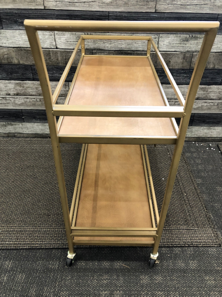 WOOD 2 TIER ROLLING BEVERAGE CART W/GOLD METAL FRAME, WINE RACK.